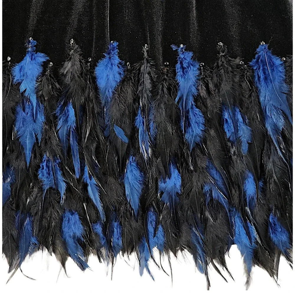 Tahari Velour Dress 12 Black Velvet Blue Feathers Mesh Long Sleeve Cocktail Mini - Picture 11 of 15